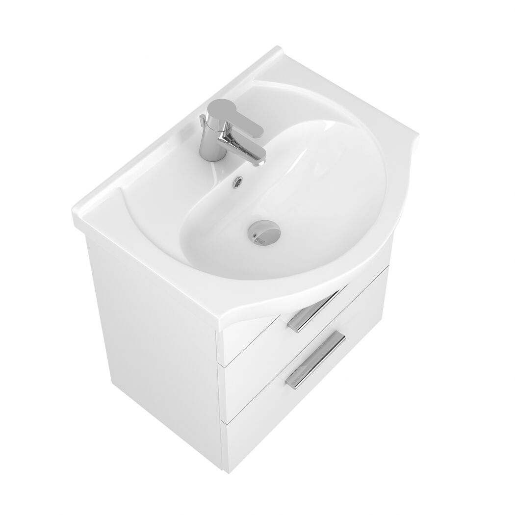 Weißes Waschbecken mit zwei Schubladen und Wasserhahn.