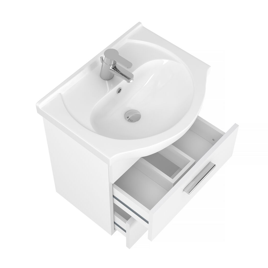 Weißes Waschbecken mit Unterschrank und geöffneter Schublade.