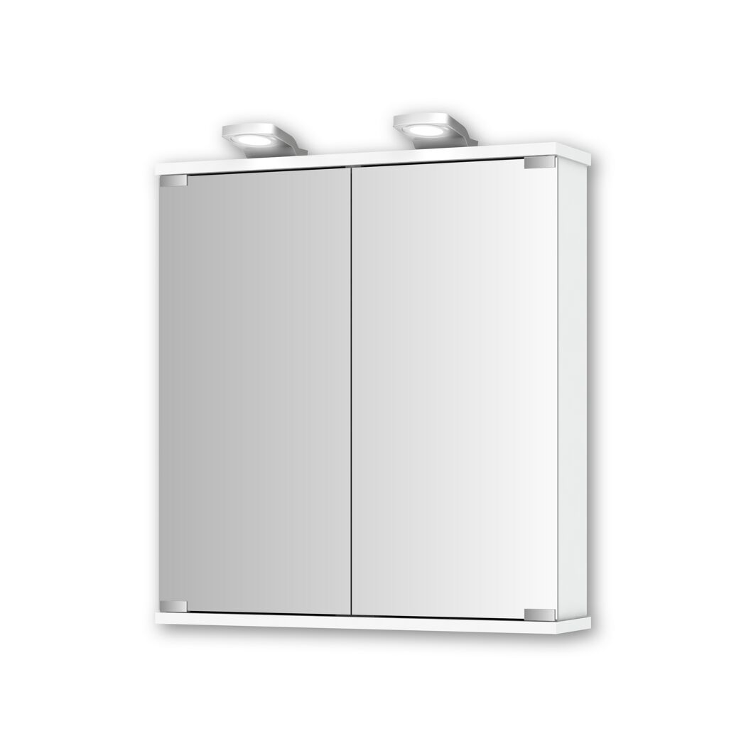 Weißer Spiegelschrank mit zwei Spiegeltüren und Lampen.