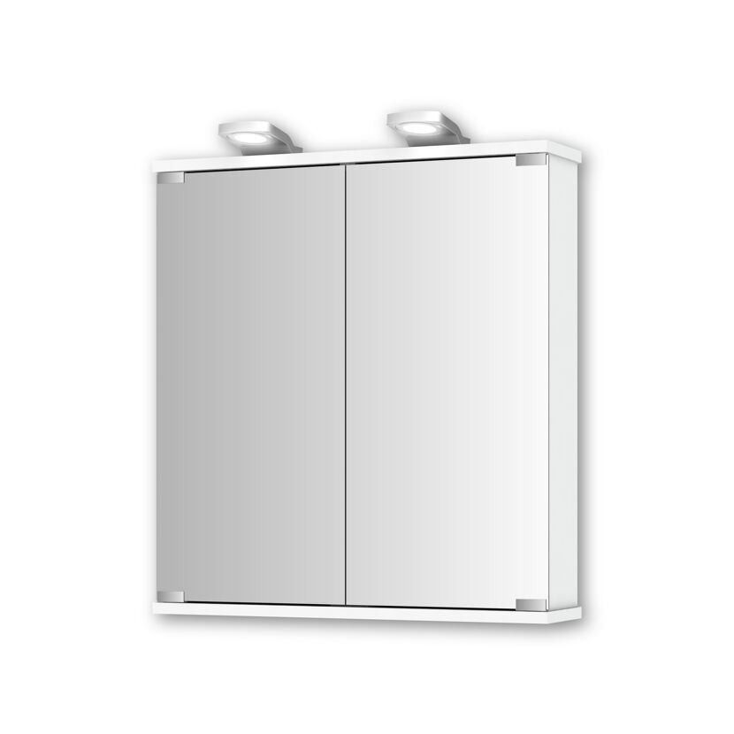 Weißer Spiegelschrank mit zwei Spiegeltüren und Lampen.