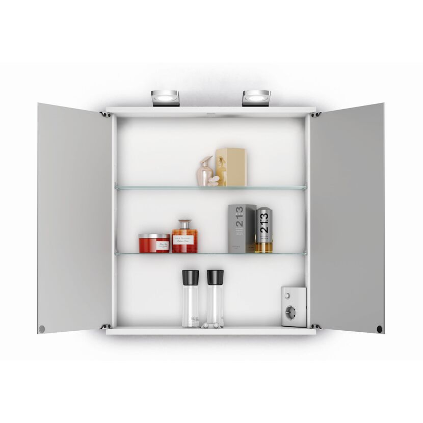 Geöffneter Spiegelschrank mit Hygieneartikeln