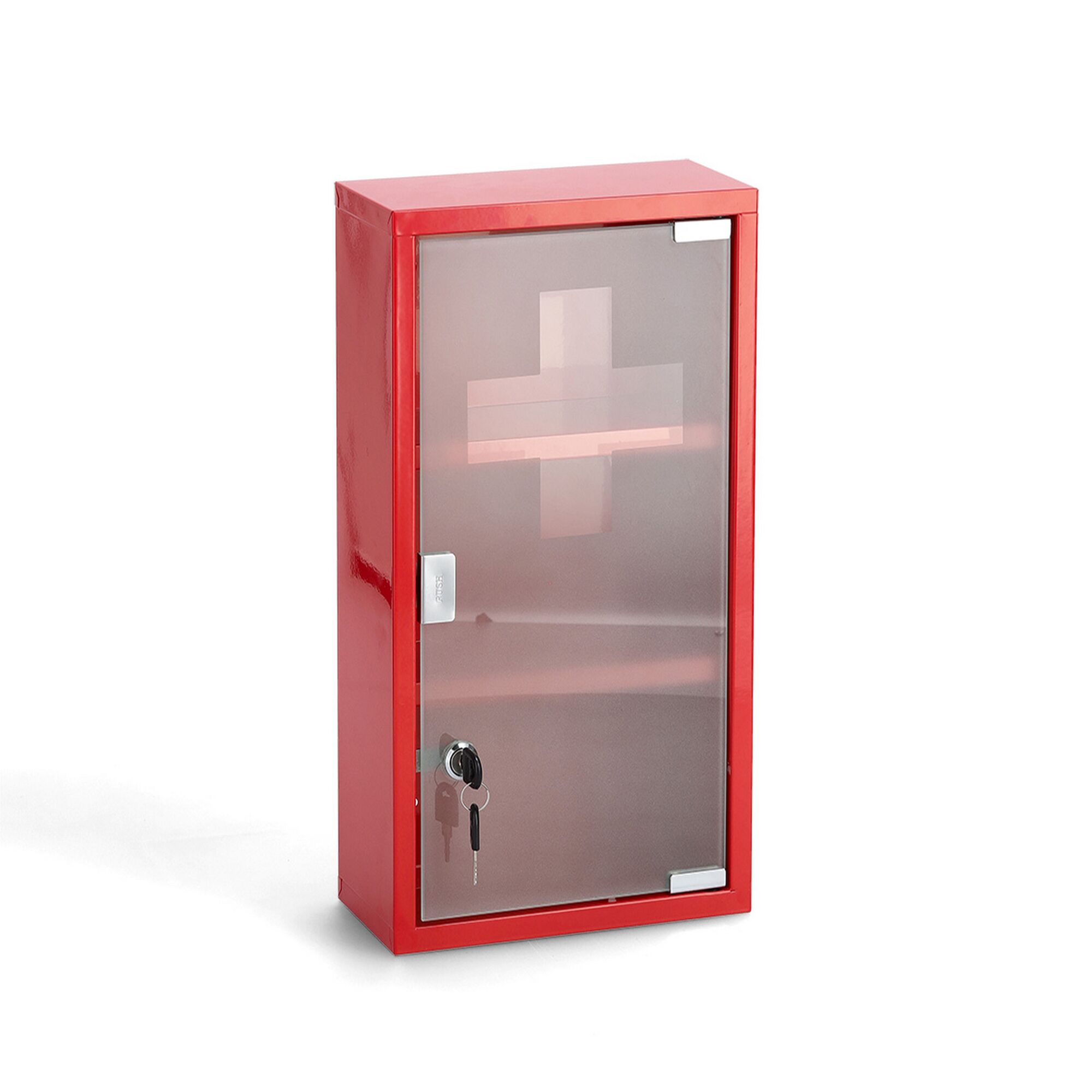 Roter Medizinschrank mit Schloss und Schlüssel