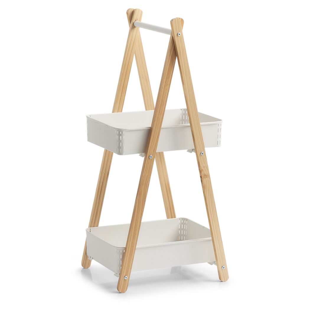 Holzregal mit zwei weißen Körben