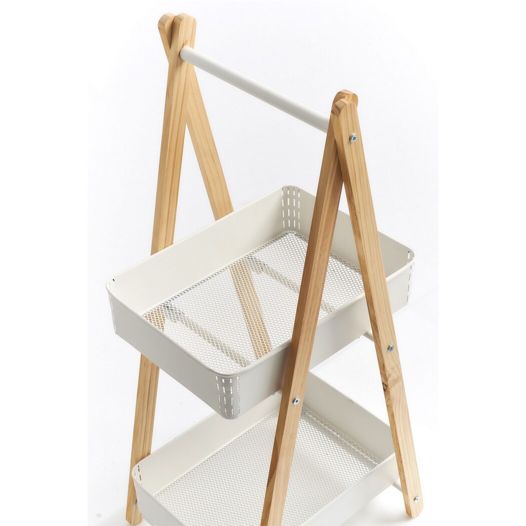 Holzregal mit zwei weißen Metallkörben