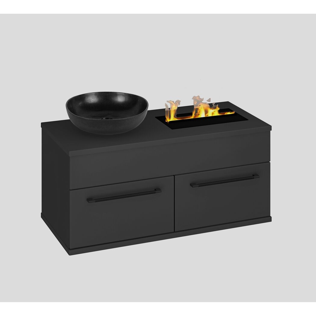 Waschbeckenunterschrank 'Cool Fire' schwarz mit 3D-Flammeneffekt