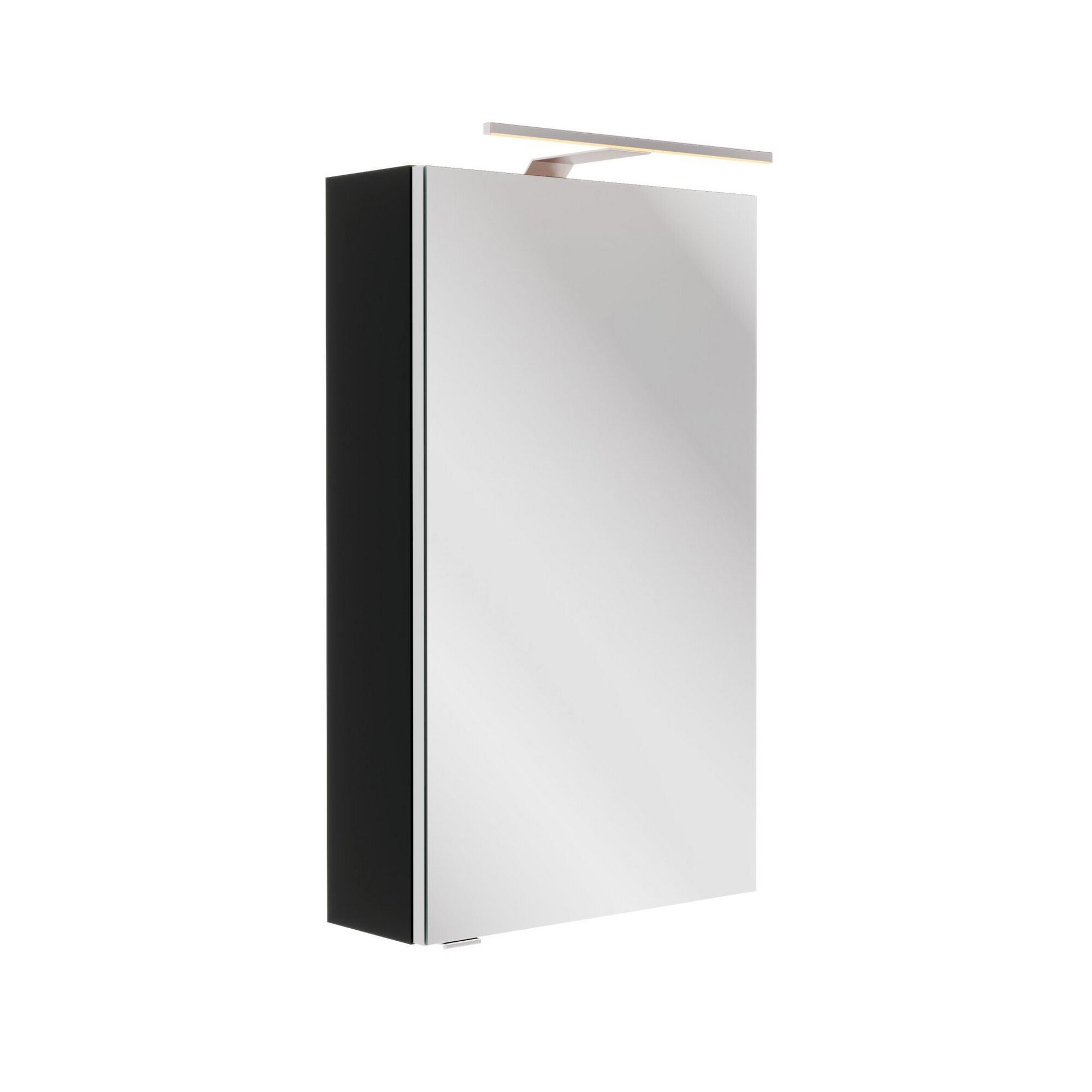 Schwarz-weißer Hochschrank mit Spiegel und Beleuchtung