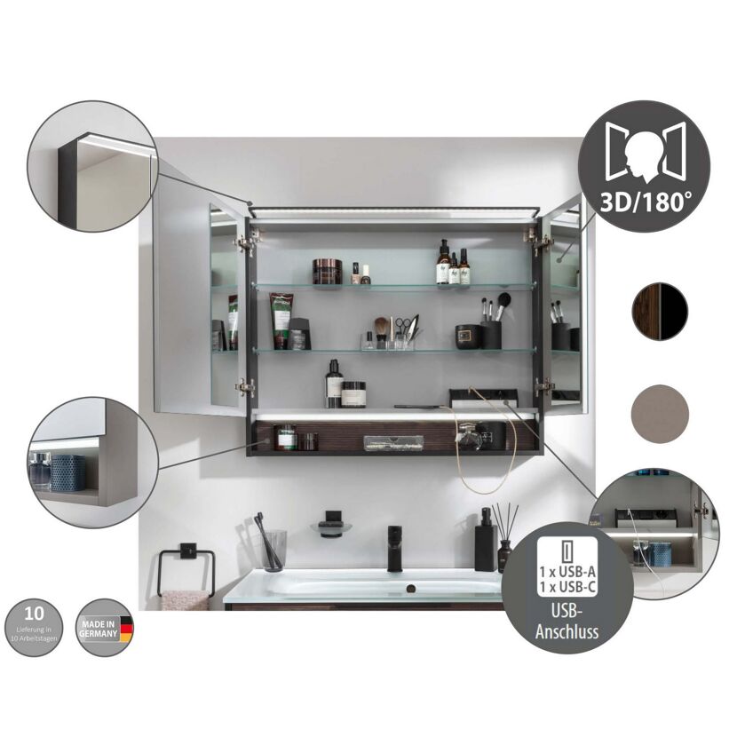 LED-Spiegelschrank 'B.Paris' schwarz matt 70 x 71,8 x 15,6 cm