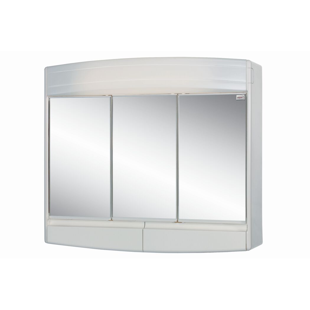 Weißer Spiegelschrank mit drei Spiegeltüren und zwei Fächern.