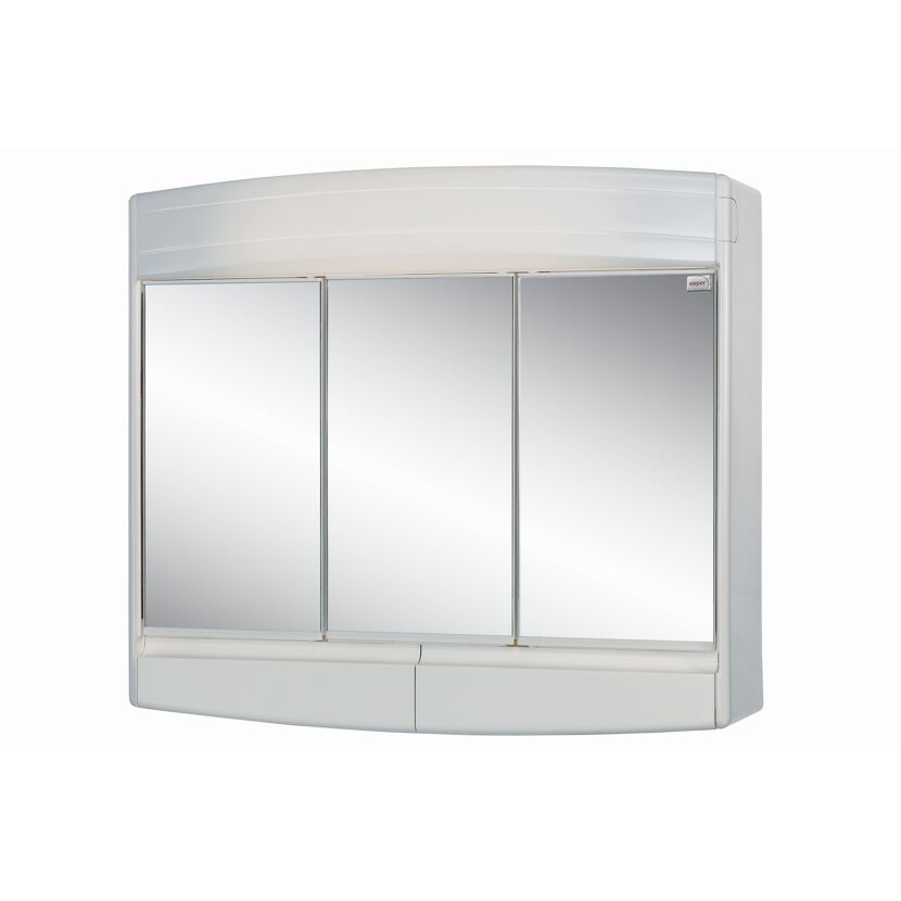 Weißer Spiegelschrank mit drei Spiegeltüren und zwei Fächern.