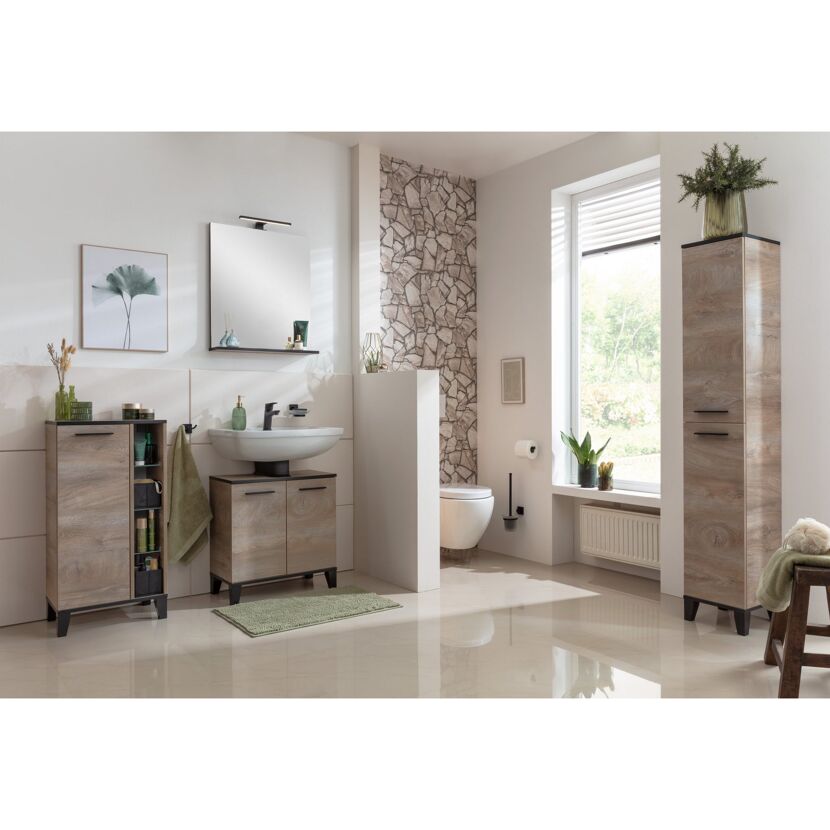 Modernes Badezimmer mit braunen Badmöbeln