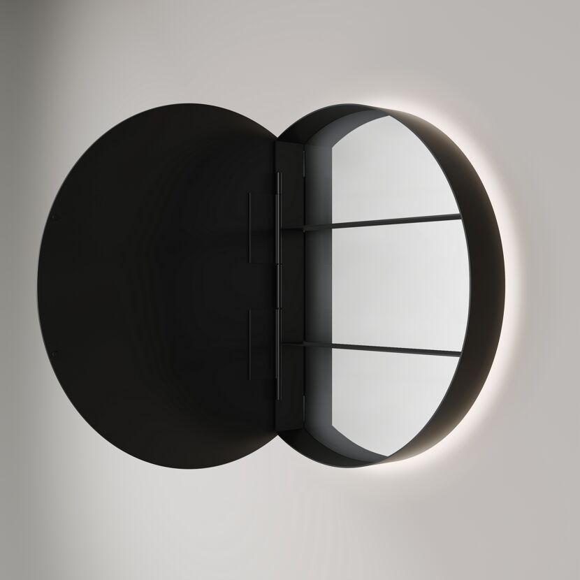 Runder, offener Spiegelschrank an Wand