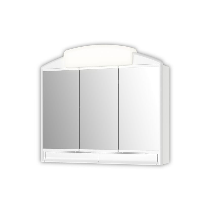 Weißer Spiegelschrank mit drei Spiegeltüren und Beleuchtung.
