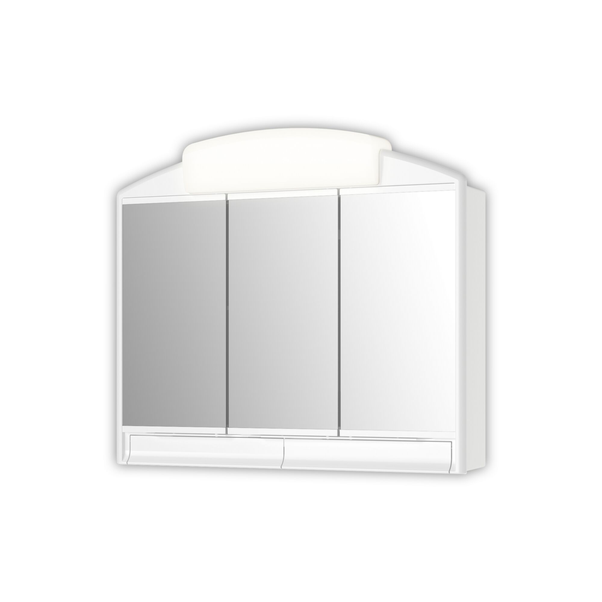 Weißer Spiegelschrank mit drei Spiegeltüren und Beleuchtung.