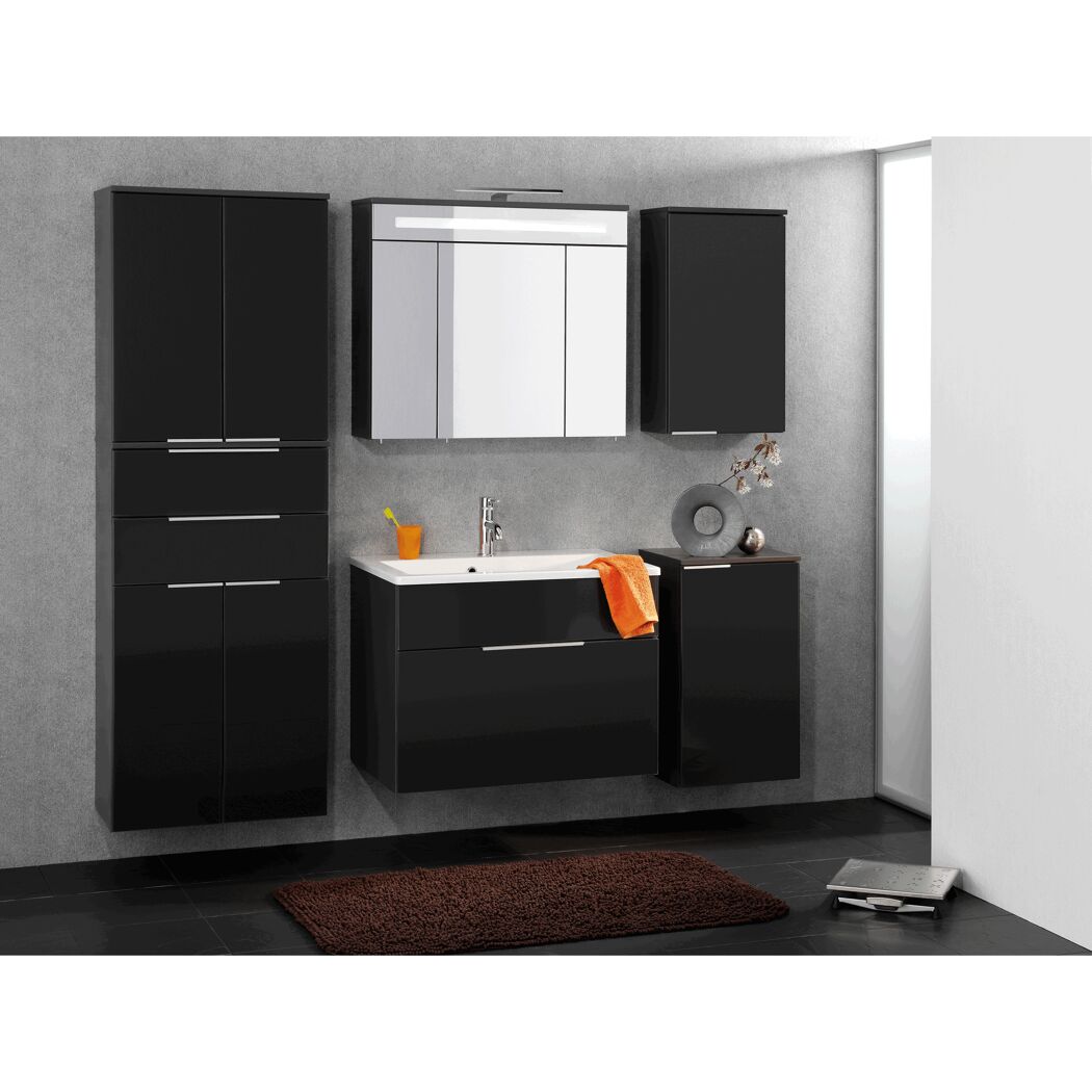 Schwarzes Badezimmermöbel-Set mit Waschbecken, Spiegelschrank und Hochschränken.