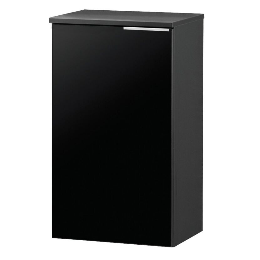 Schwarzer Hängeschrank mit silbernem Griff.