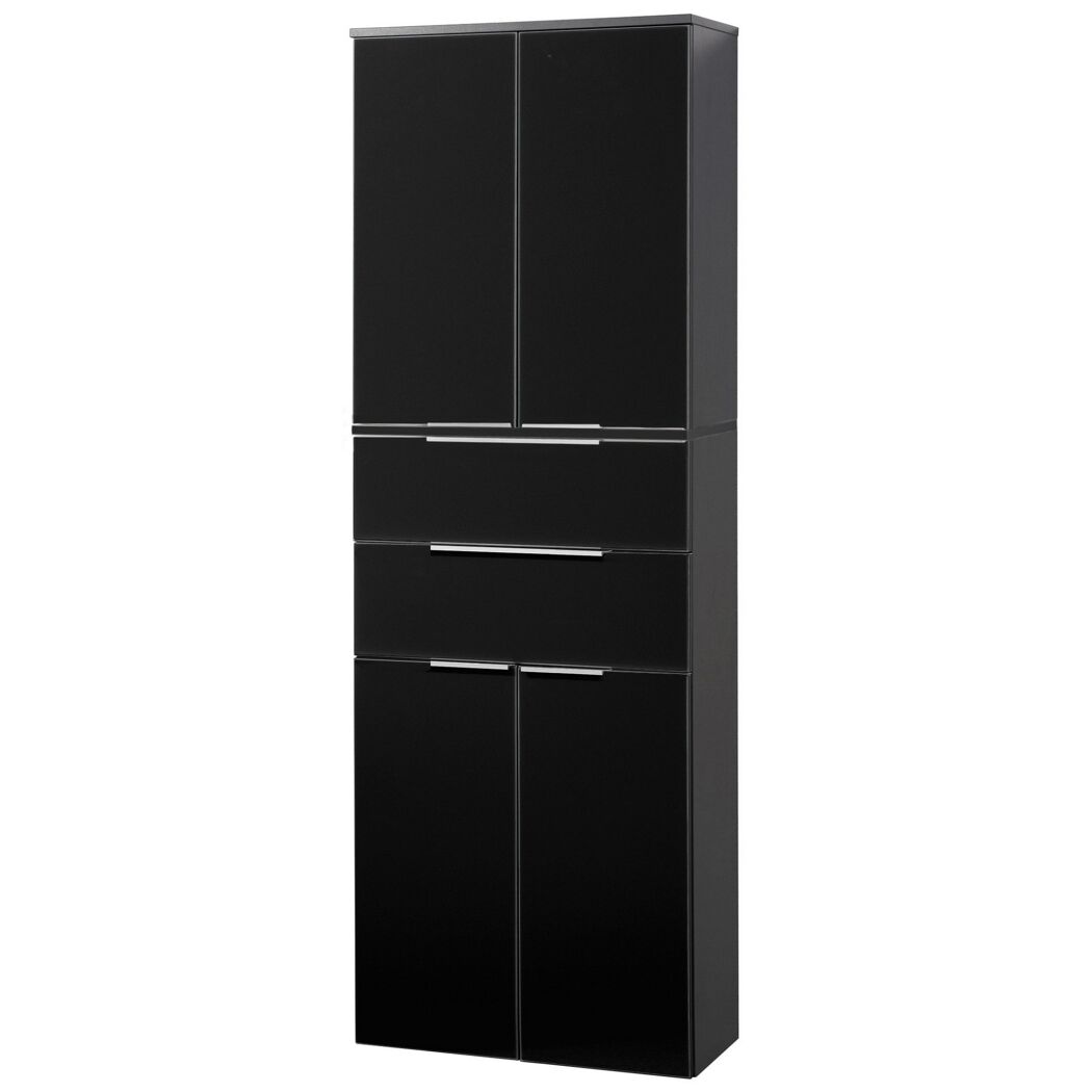Schwarzer Hochschrank mit zwei Türen und Schubladen
