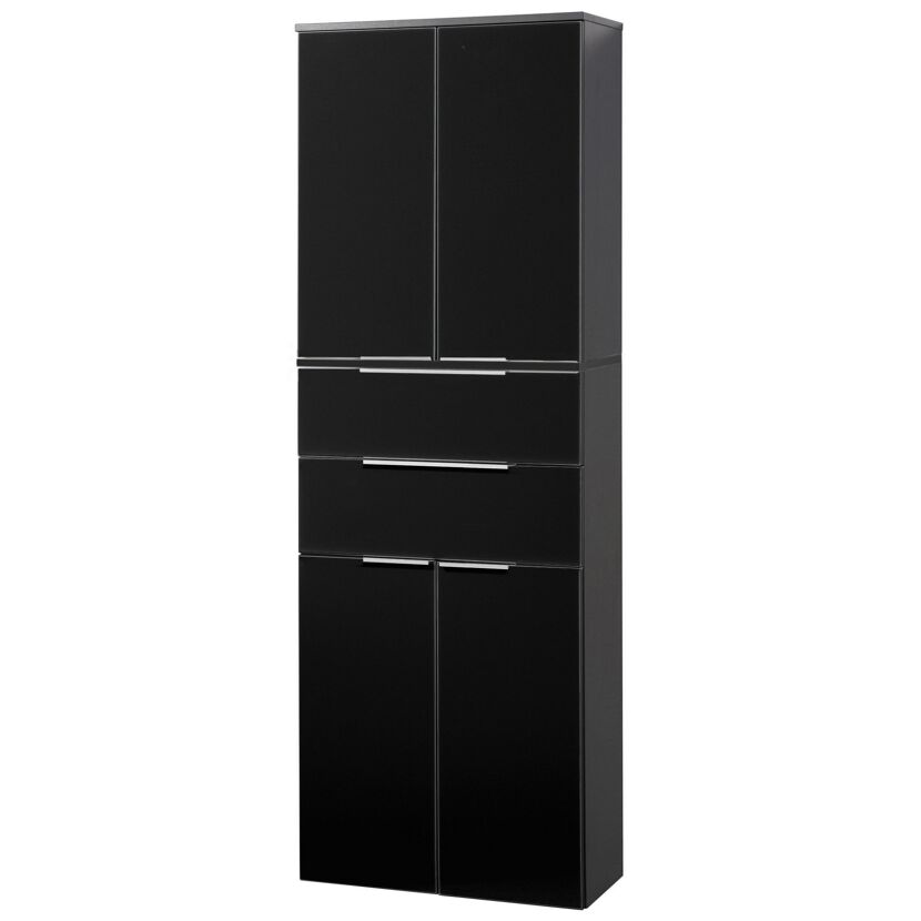 Schwarzer Hochschrank mit zwei Türen und Schubladen