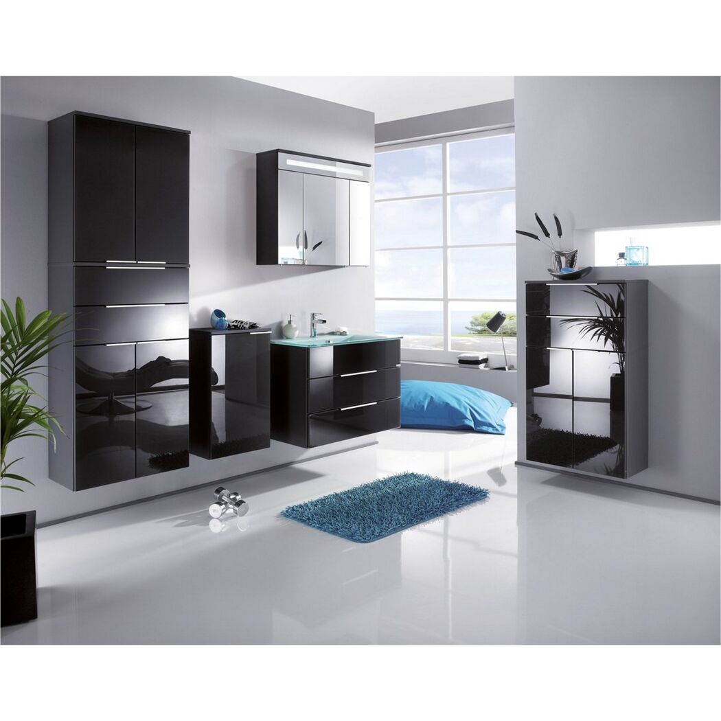 Schwarzes Badezimmermöbel-Set mit Spiegel und Waschbecken.