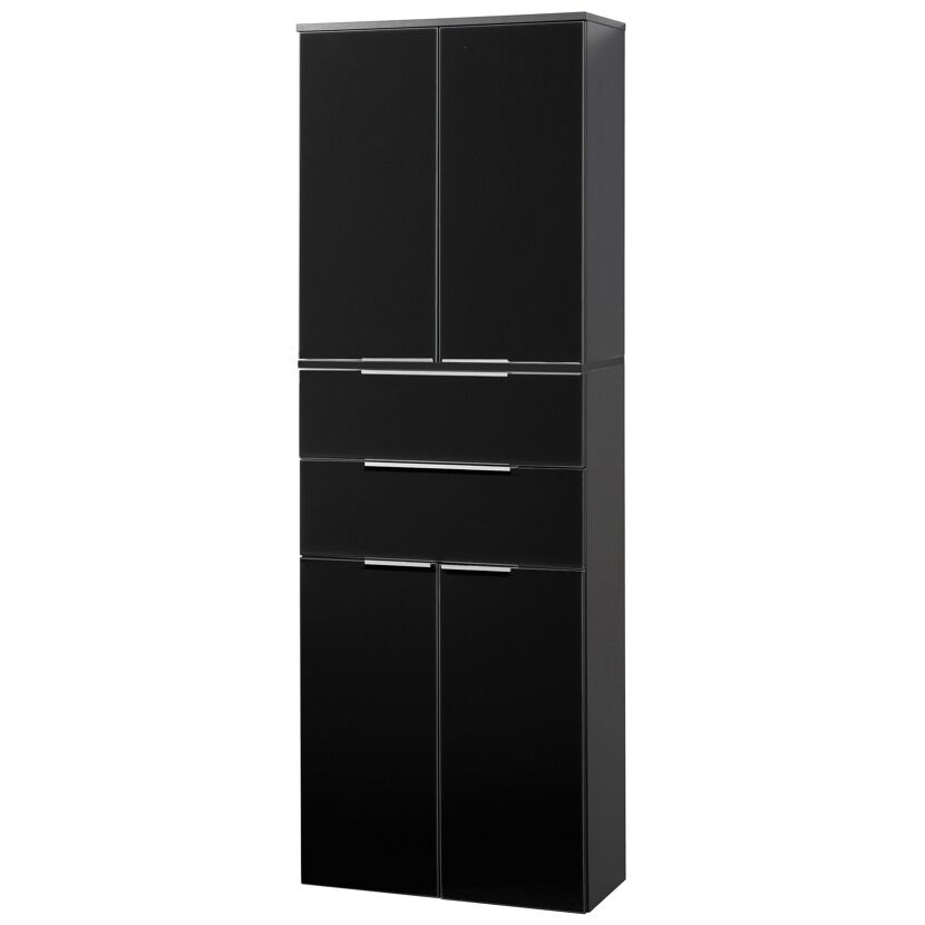 Schwarzer Hochschrank mit zwei Türen, zwei Schubladen und zwei weiteren Türen.