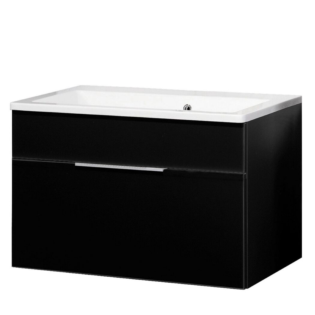 Schwarzer Waschbeckenunterschrank mit weißem Waschbecken