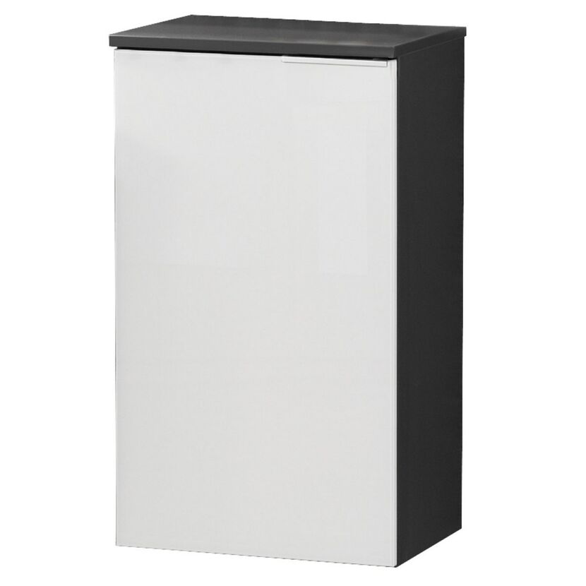 Weißer Hängeschrank mit grauer Oberseite.