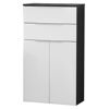 Weißer Schrank mit zwei Schubladen und zwei Türen.