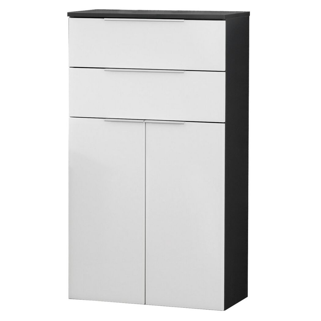 Weißer Schrank mit zwei Schubladen und zwei Türen.