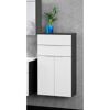 Weißer Badschrank mit Schublade und zwei Türen, darauf eine Pflanze