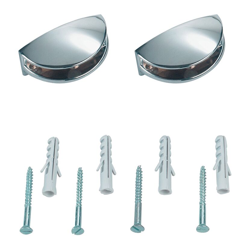 Zwei verchromte Glasbodenhalter und Schrauben