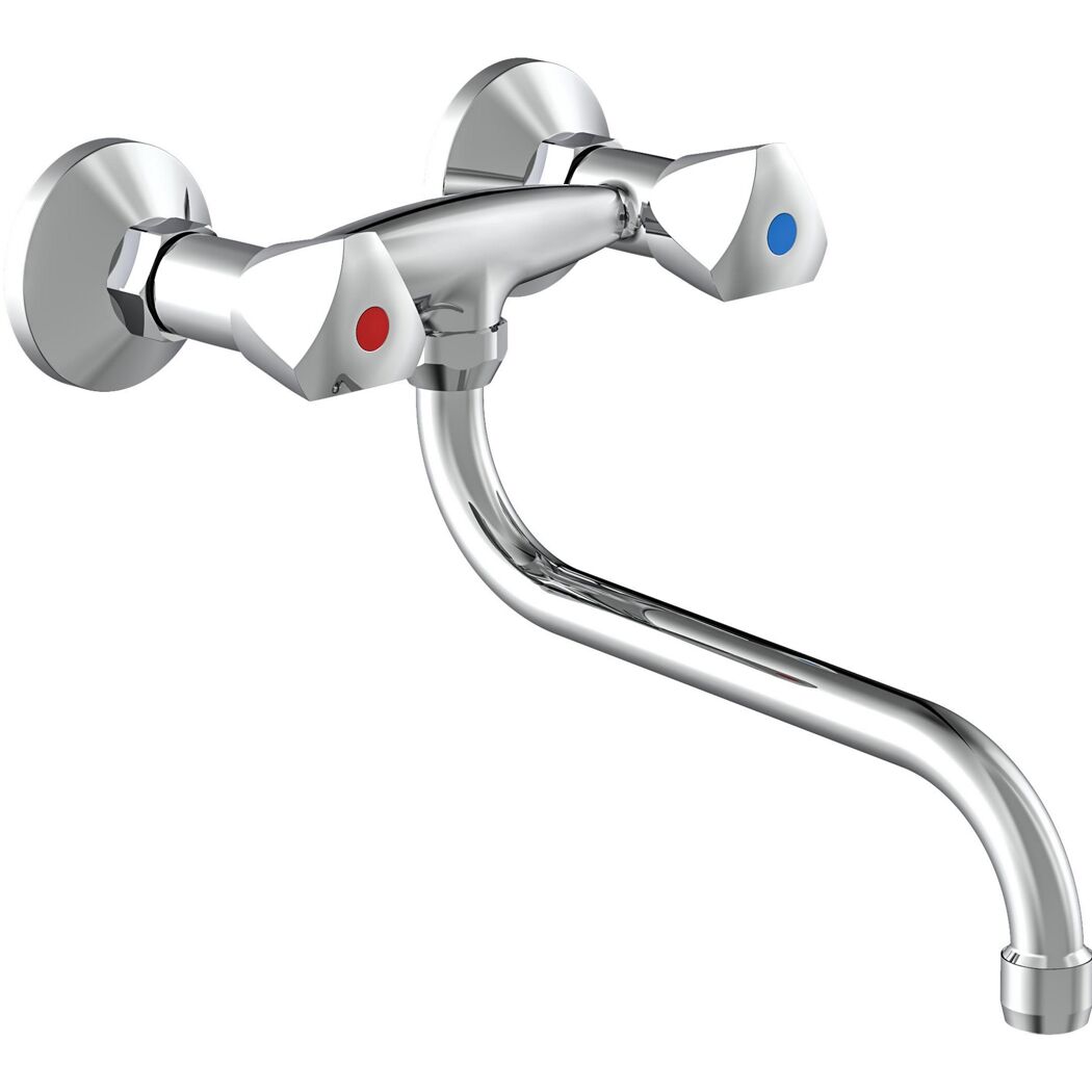 Chromarmatur mit zwei Drehgriffen für Kalt- und Warmwasser.