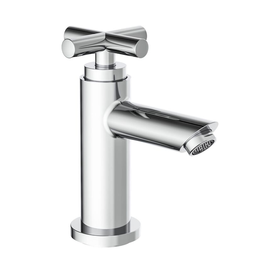 Chromfarbener Wasserhahn mit Kreuzgriff.