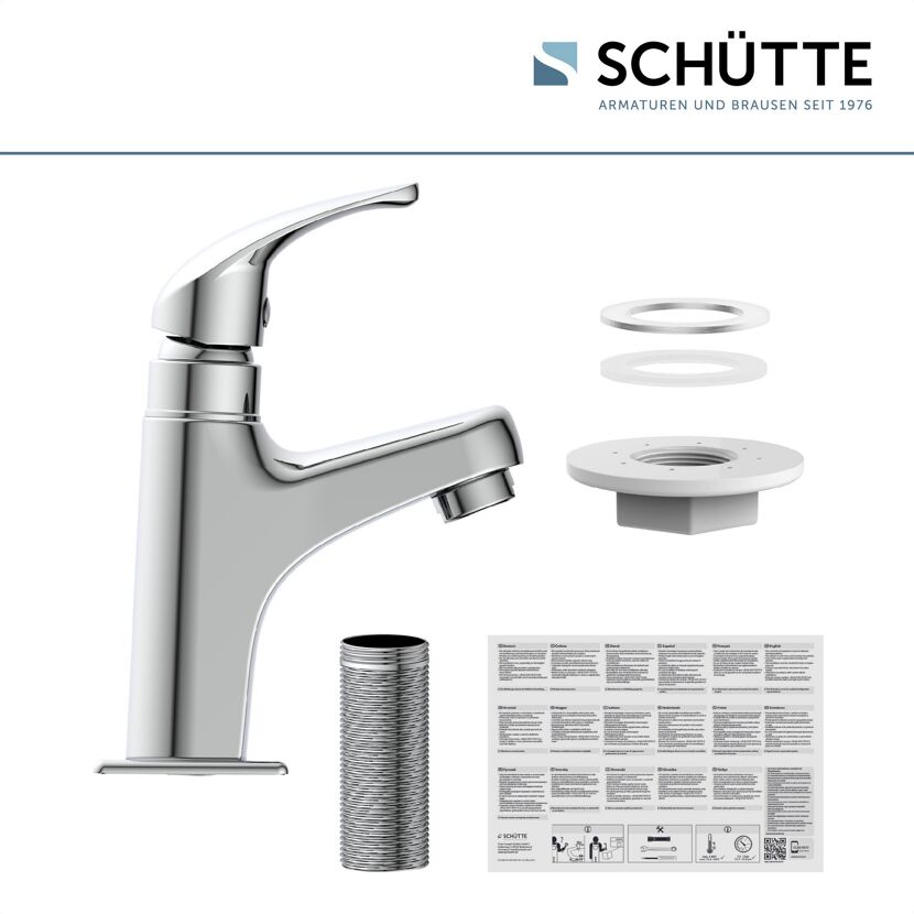 Chrom-Waschbeckenhahn von Schütte mit Anleitung und Zubehör