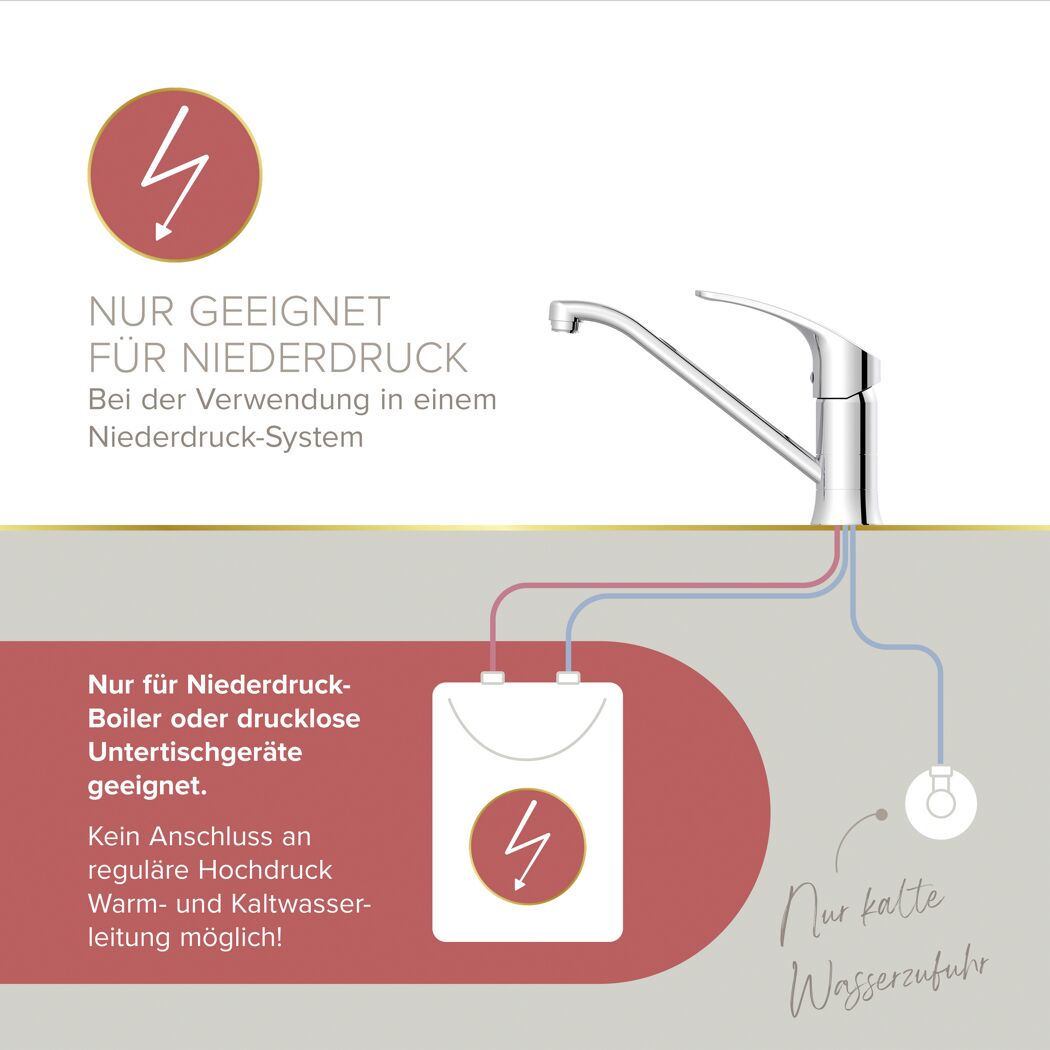 Niederdruck-Spültischarmatur Kela chromfarben: Anschluss-Schema für Boiler.