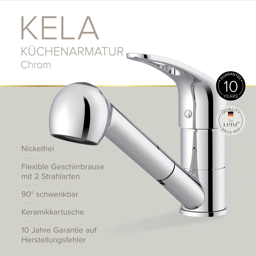 Spültischarmatur 'Kela' chromfarben schwenkbar mit Geschirrbrause 25,4 cm