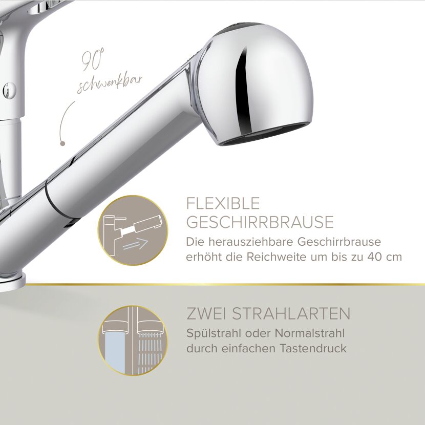 Spültischarmatur 'Kela' chromfarben schwenkbar mit Geschirrbrause 25,4 cm