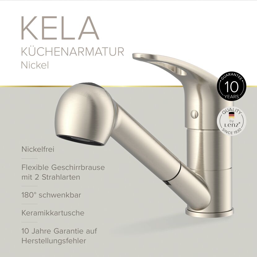 Spültischarmatur 'Kela' nickelfarben schwenkbar mit Geschirrbrause 25,4 cm