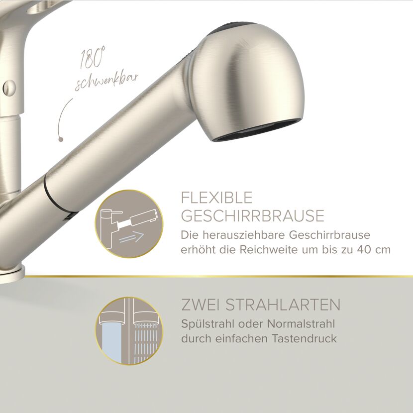 Spültischarmatur 'Kela' nickelfarben schwenkbar mit Geschirrbrause 25,4 cm