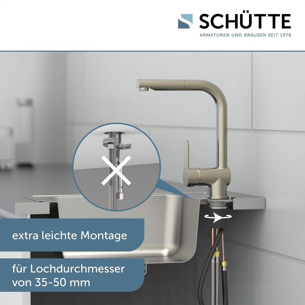 Nahaufnahme einer Küchenarmatur mit der Beschreibung für eine extra leichte Montage.