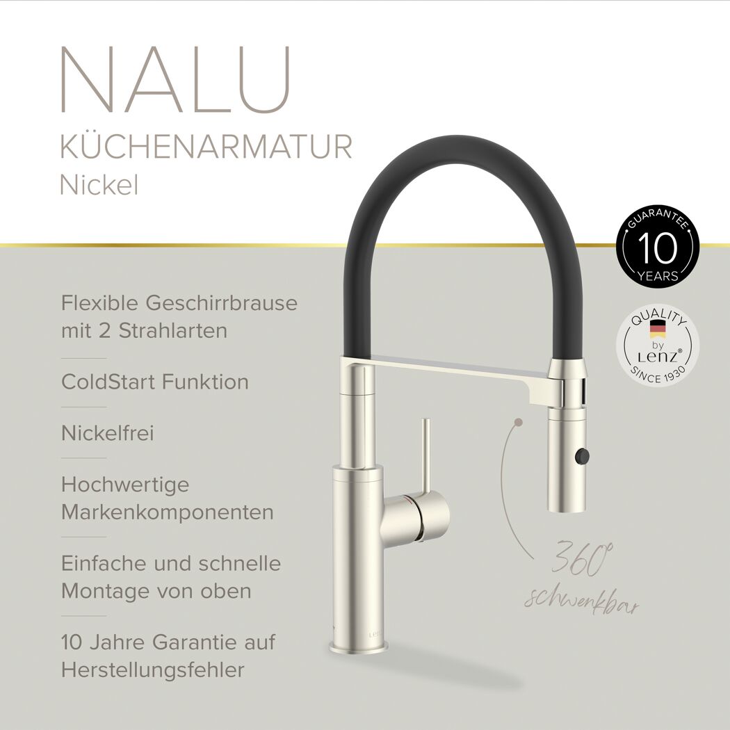 Küchenarmatur 'Nalu' nickelfarben schwenkbar mit Pendelbrause 26 cm