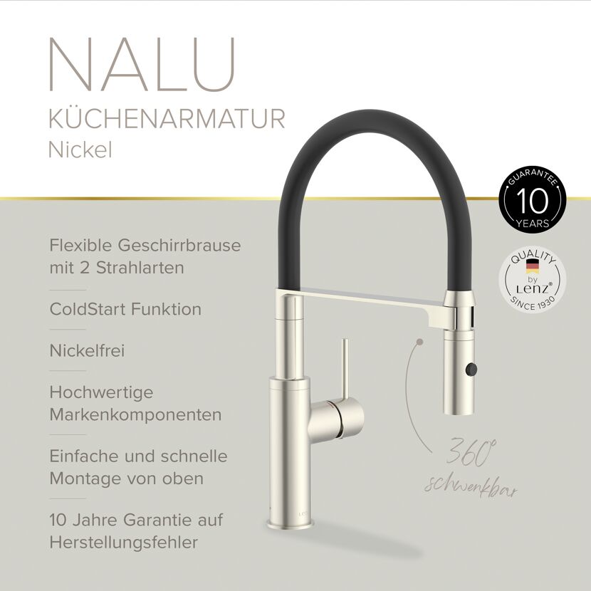 Spültischarmatur 'Nalu' nickelfarben schwenkbar mit Pendelbrause 26 cm