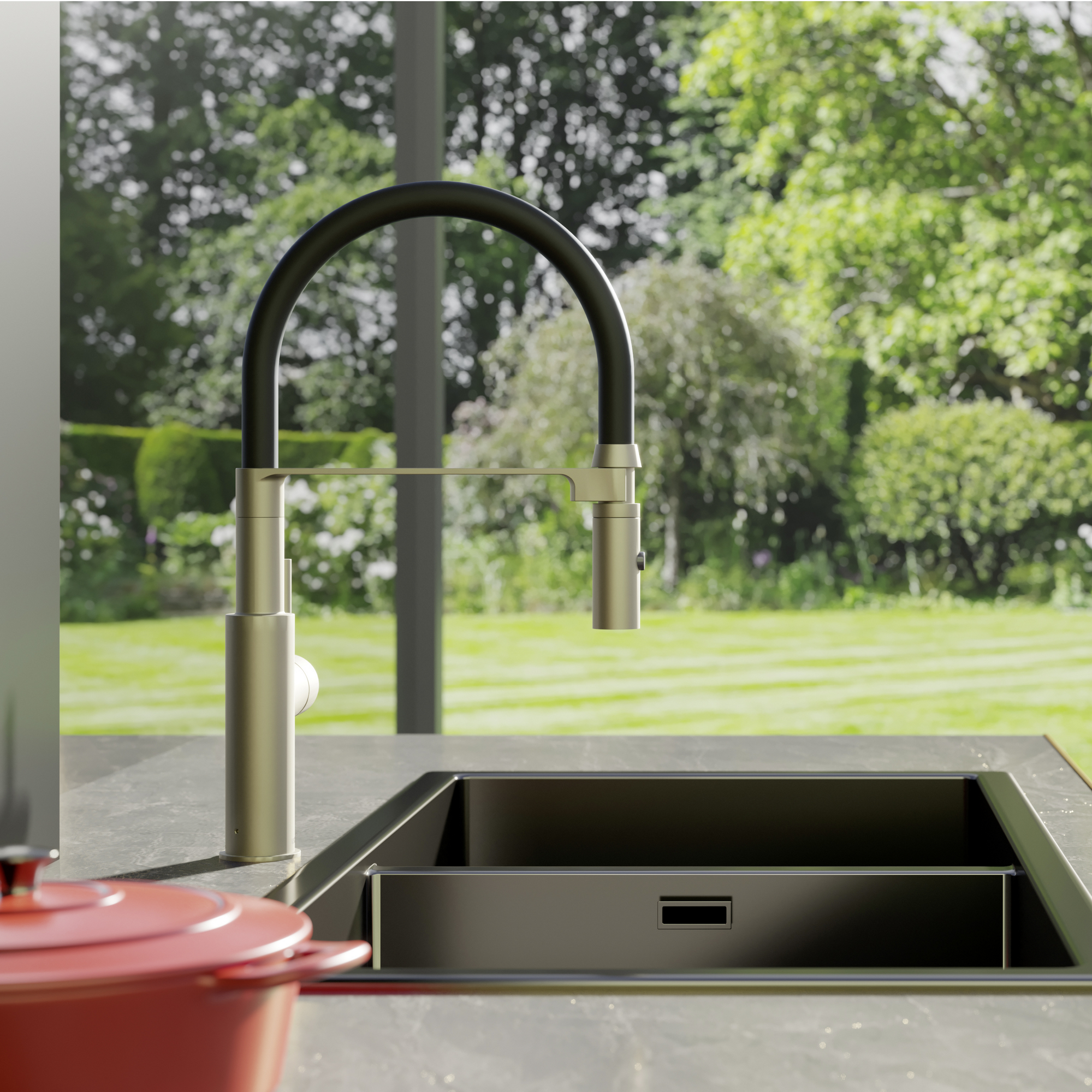 Spültischarmatur 'Nalu' herausziehbar nickelfarben/schwarz 42,7 cm