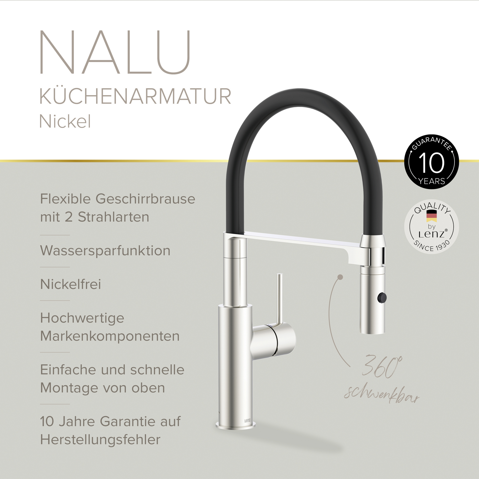 Spültischarmatur 'Nalu' herausziehbar nickelfarben/schwarz 42,7 cm