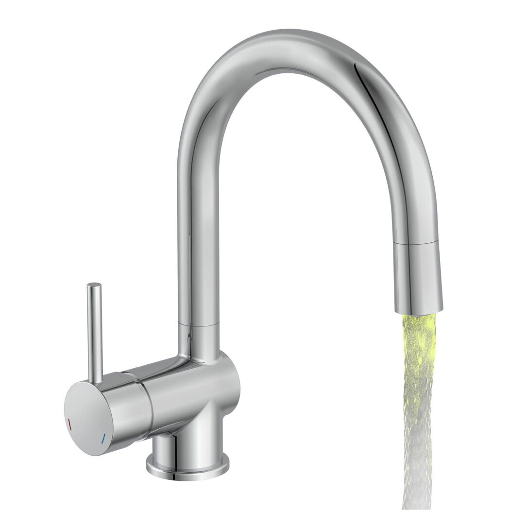 Chromfarbene Spültischarmatur Stella LED mit Wasserstrahl