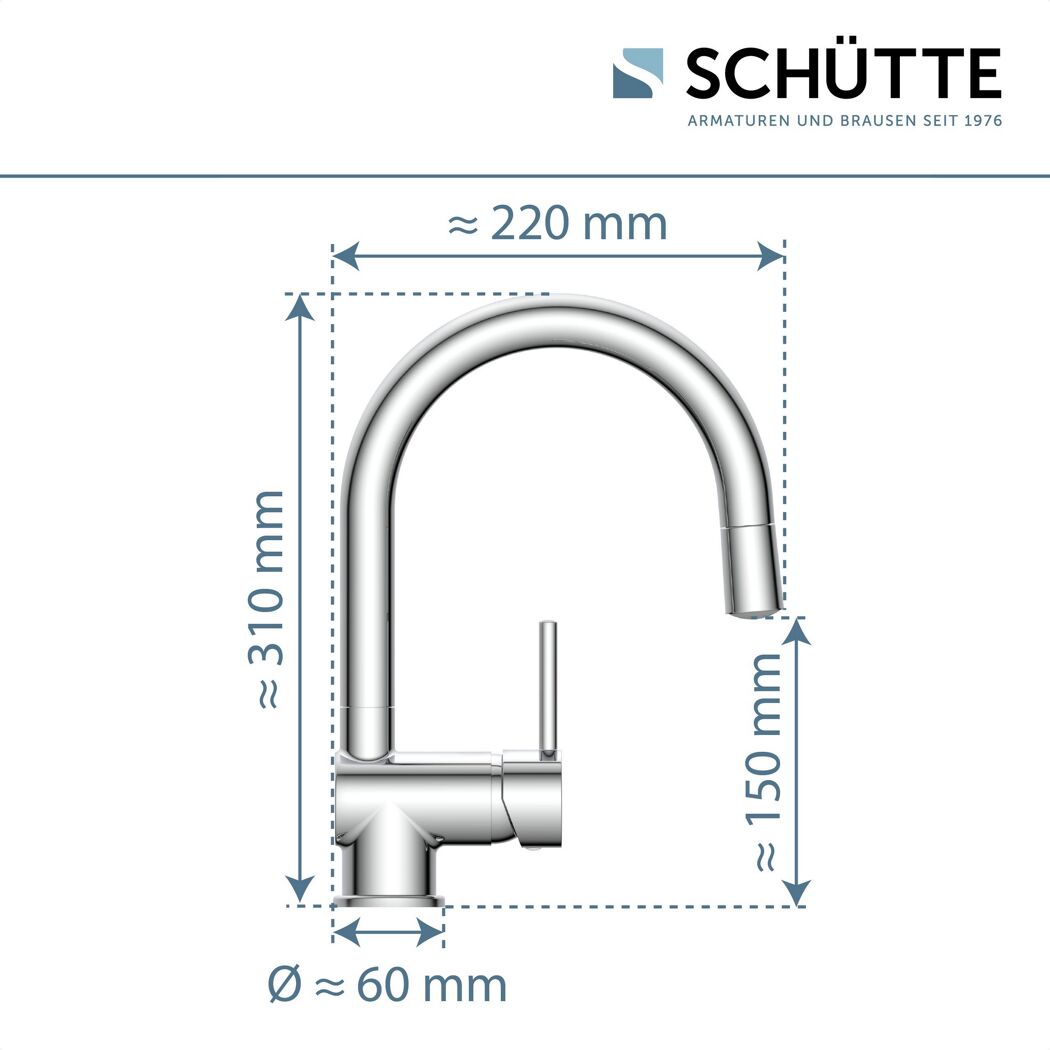 Chromfarbene Küchenarmatur mit Maßen
