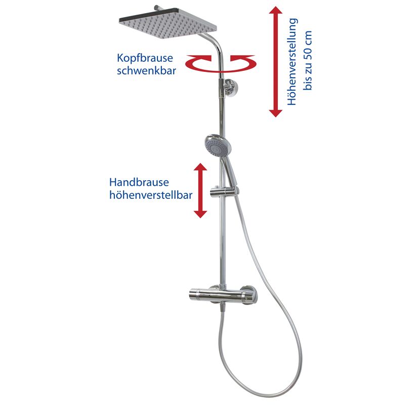 Duschthermostat mit schwenkbarer Kopfbrause und höhenverstellbarer Handbrause