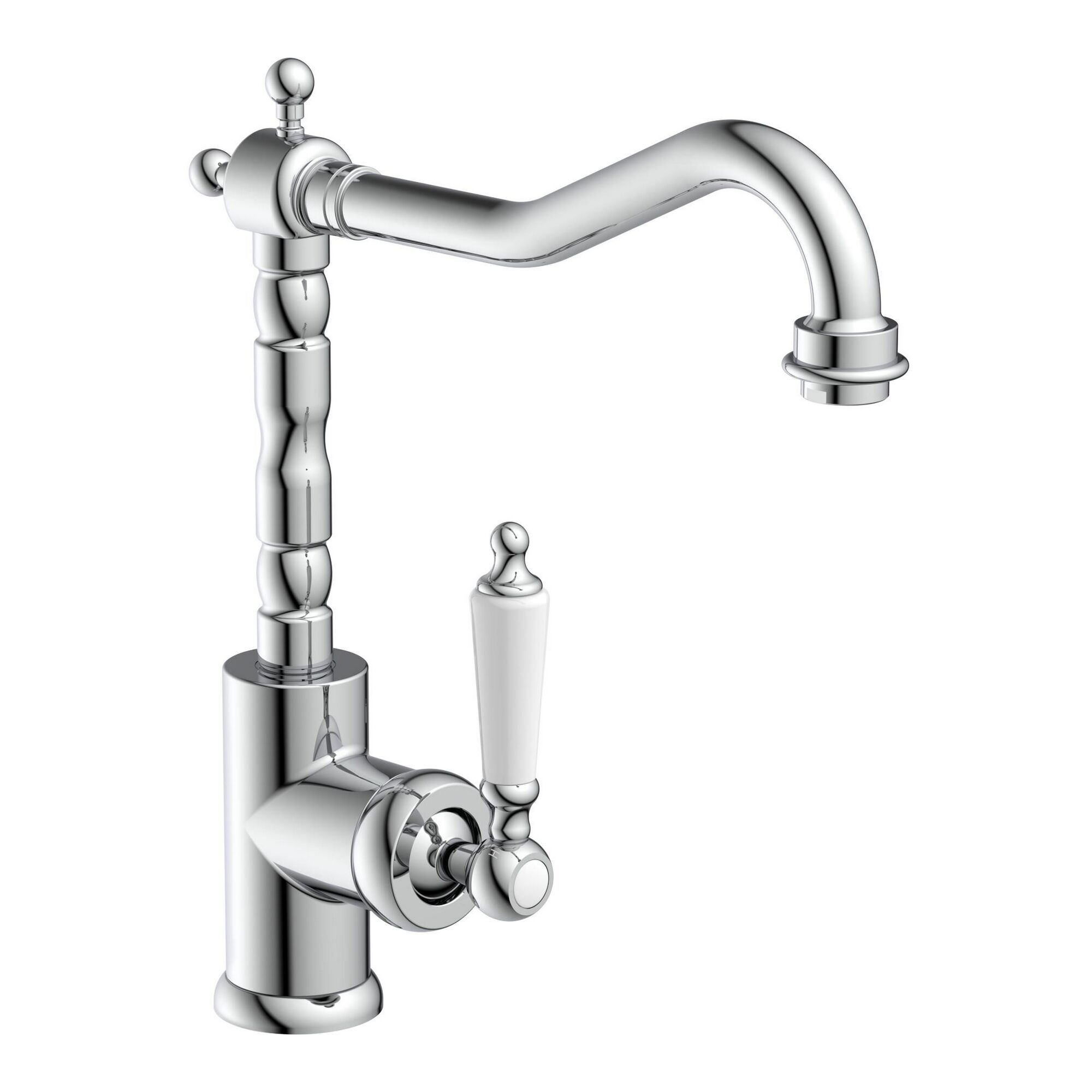 Chromfarbene Spültischarmatur mit weißem Porzellangriff.