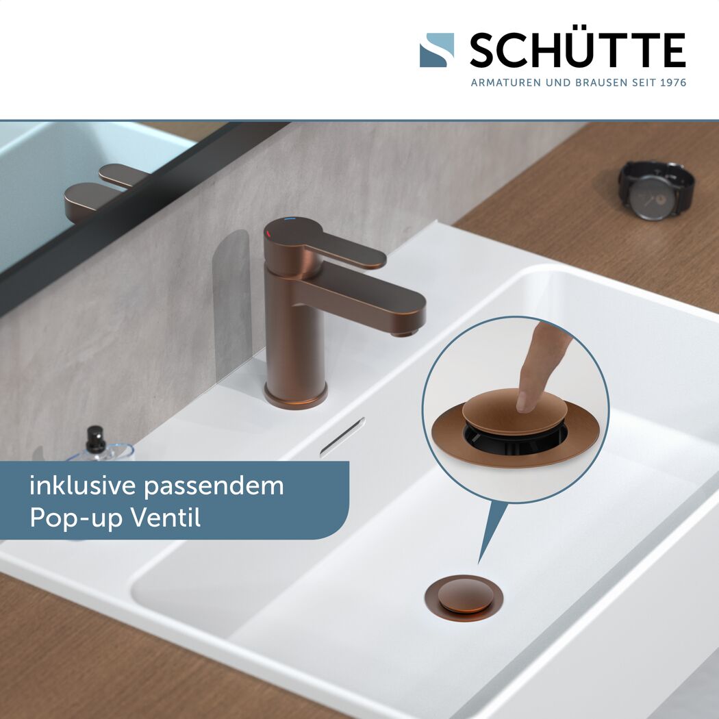 Waschbecken mit SCHÜTTE WT-Armatur Elephant Kupfer und Pop-up Ventil