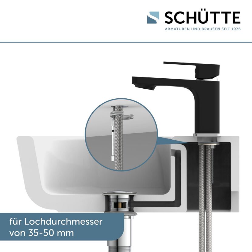 Schéma für die Montage eines schwarzen Wasserhahns von Schütte.