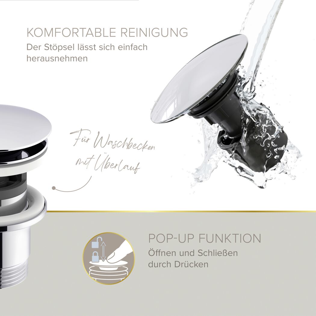 Pop-up Ablaufgarnitur chromfarben mit Wasser