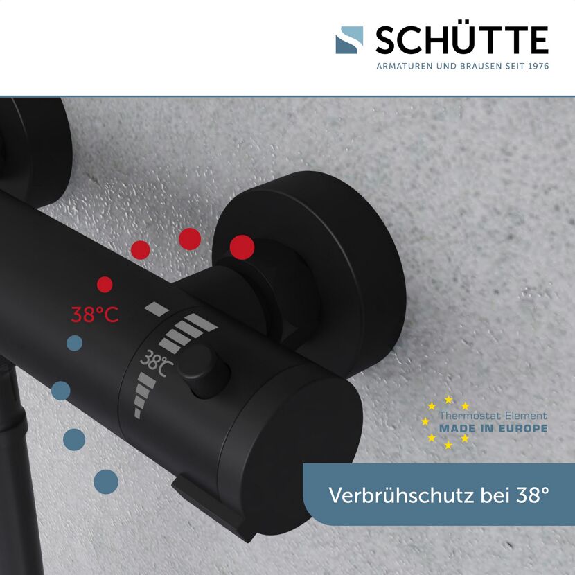 Schwarze Duscharmatur mit Verbrühschutz bei 38 Grad